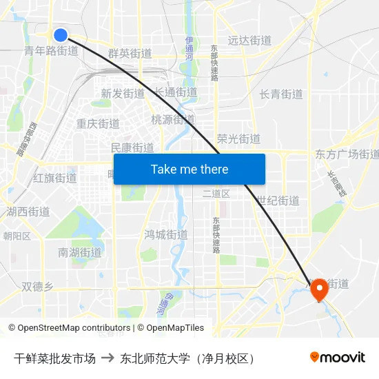 干鲜菜批发市场 to 东北师范大学（净月校区） map