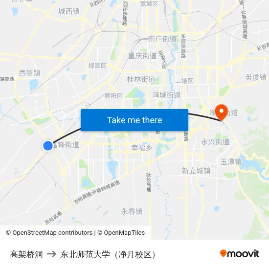 高架桥洞 to 东北师范大学（净月校区） map