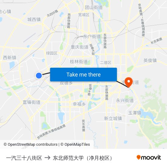 一汽三十八街区 to 东北师范大学（净月校区） map