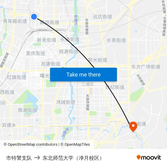 市特警支队 to 东北师范大学（净月校区） map