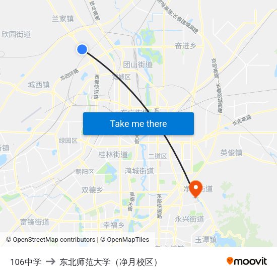 106中学 to 东北师范大学（净月校区） map