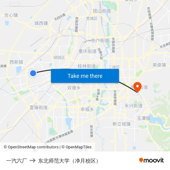 一汽六厂 to 东北师范大学（净月校区） map