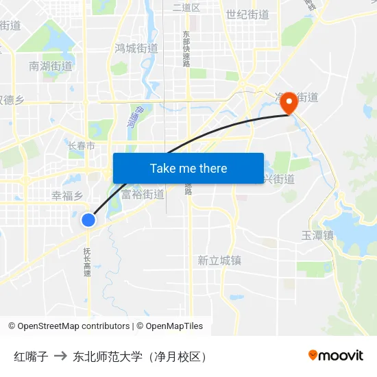 红嘴子 to 东北师范大学（净月校区） map