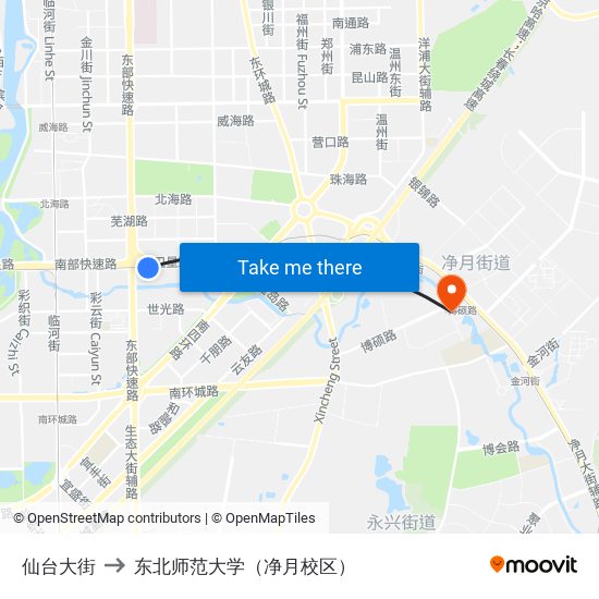 仙台大街 to 东北师范大学（净月校区） map