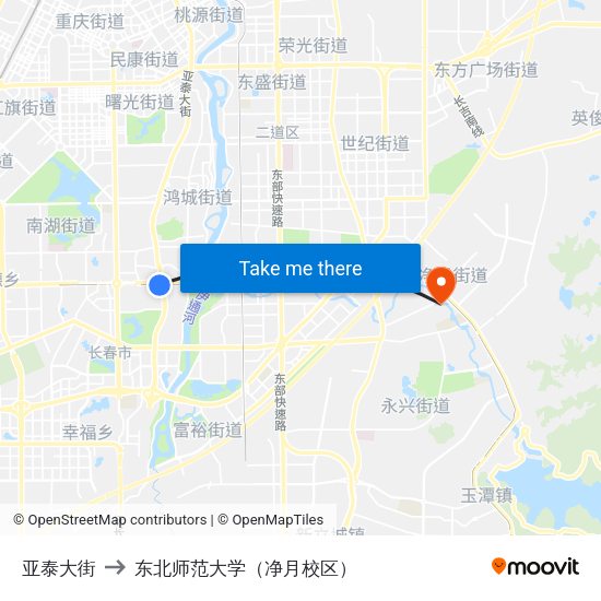 亚泰大街 to 东北师范大学（净月校区） map