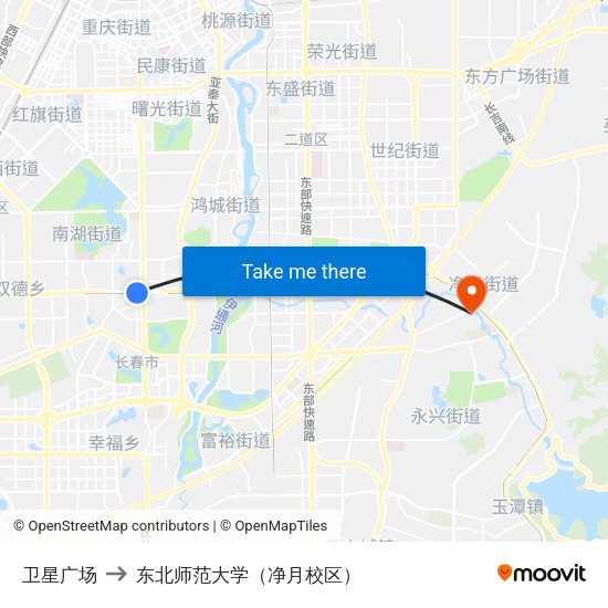 卫星广场 to 东北师范大学（净月校区） map