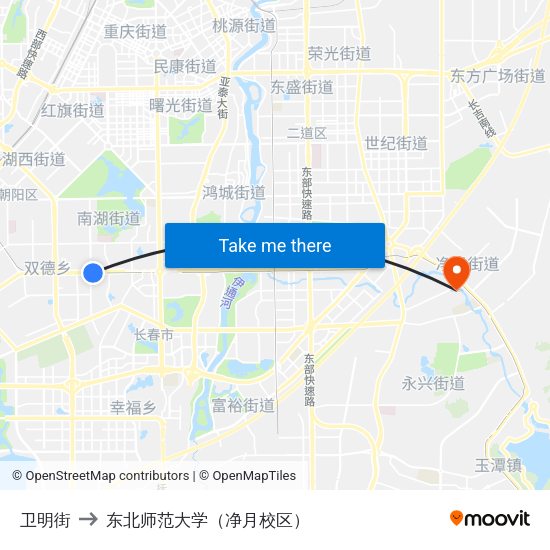 卫明街 to 东北师范大学（净月校区） map