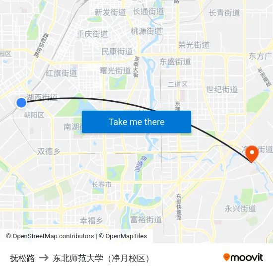 抚松路 to 东北师范大学（净月校区） map