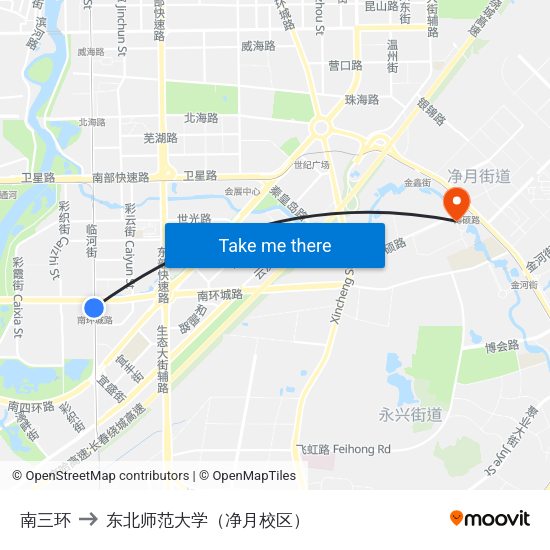 南三环 to 东北师范大学（净月校区） map