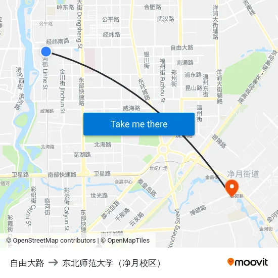 自由大路 to 东北师范大学（净月校区） map