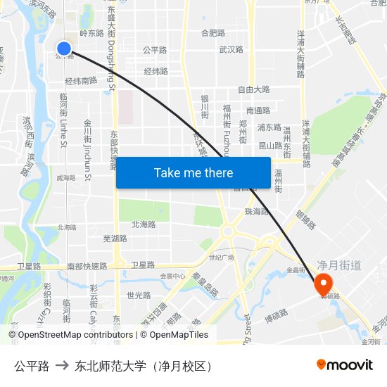 公平路 to 东北师范大学（净月校区） map