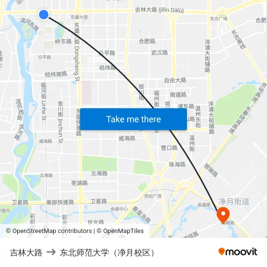 吉林大路 to 东北师范大学（净月校区） map