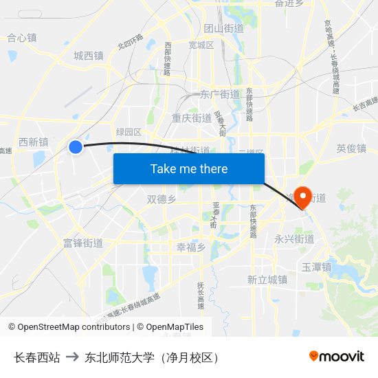 长春西站 to 东北师范大学（净月校区） map
