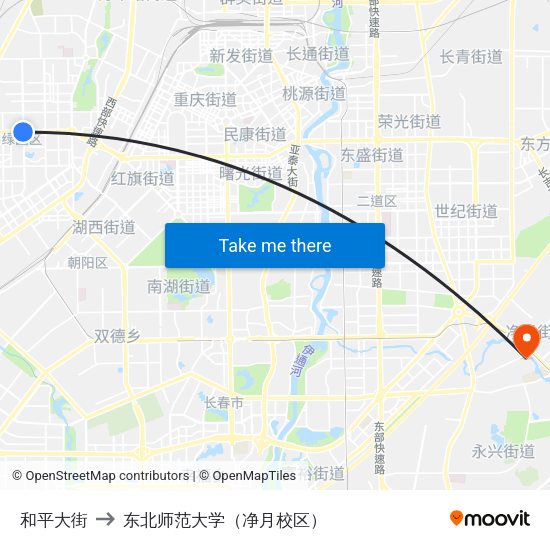 和平大街 to 东北师范大学（净月校区） map
