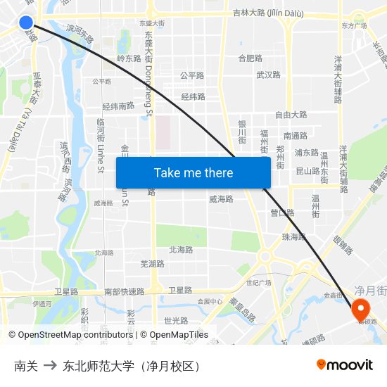 南关 to 东北师范大学（净月校区） map