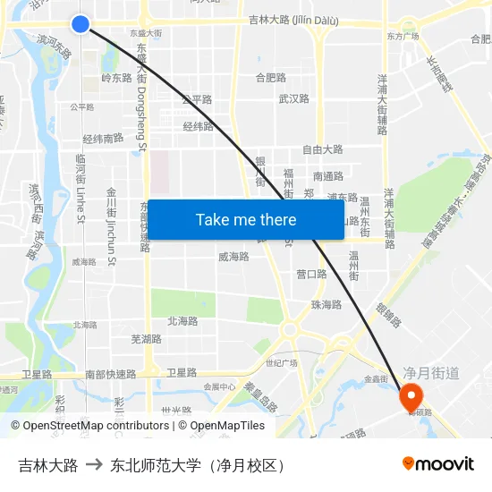 吉林大路 to 东北师范大学（净月校区） map