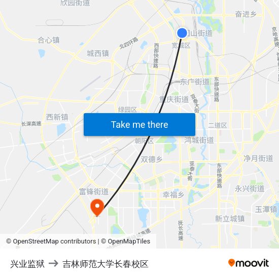 兴业监狱 to 吉林师范大学长春校区 map