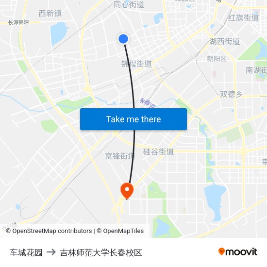车城花园 to 吉林师范大学长春校区 map