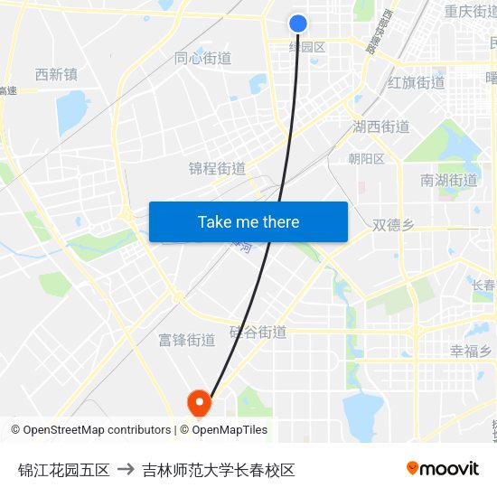 锦江花园五区 to 吉林师范大学长春校区 map