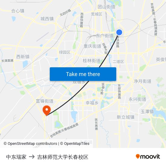 中东瑞家 to 吉林师范大学长春校区 map
