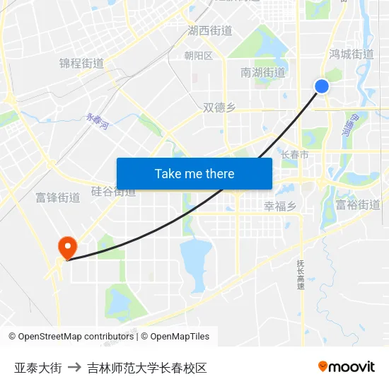 亚泰大街 to 吉林师范大学长春校区 map