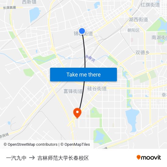 一汽九中 to 吉林师范大学长春校区 map