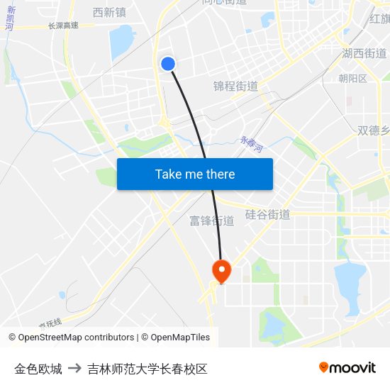 金色欧城 to 吉林师范大学长春校区 map