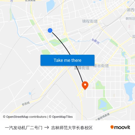 一汽发动机厂二号门 to 吉林师范大学长春校区 map