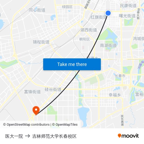 医大一院 to 吉林师范大学长春校区 map