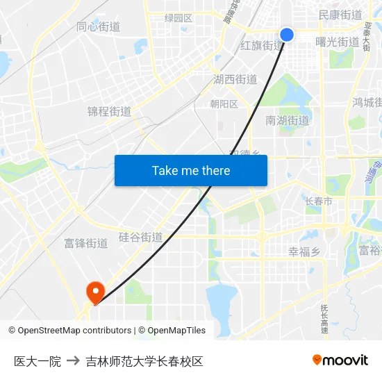 医大一院 to 吉林师范大学长春校区 map