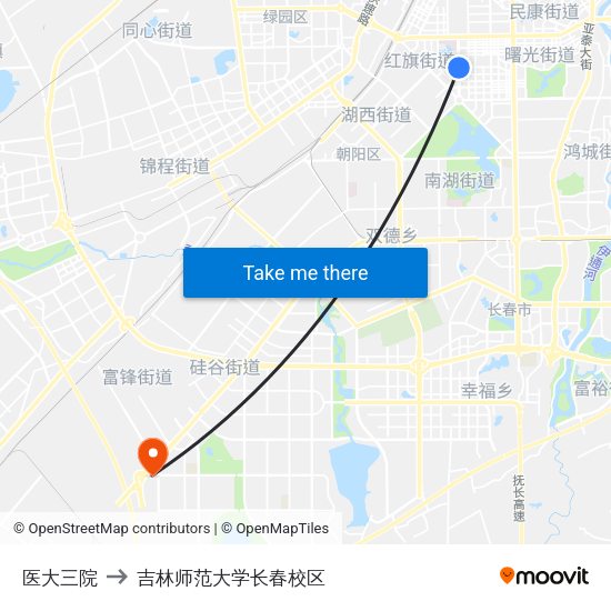 医大三院 to 吉林师范大学长春校区 map