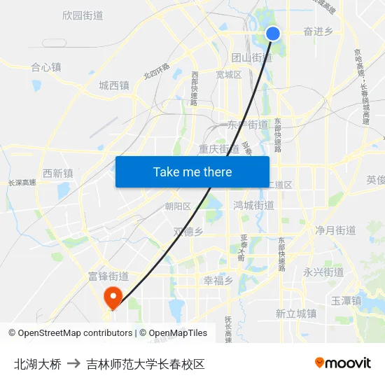 北湖大桥 to 吉林师范大学长春校区 map