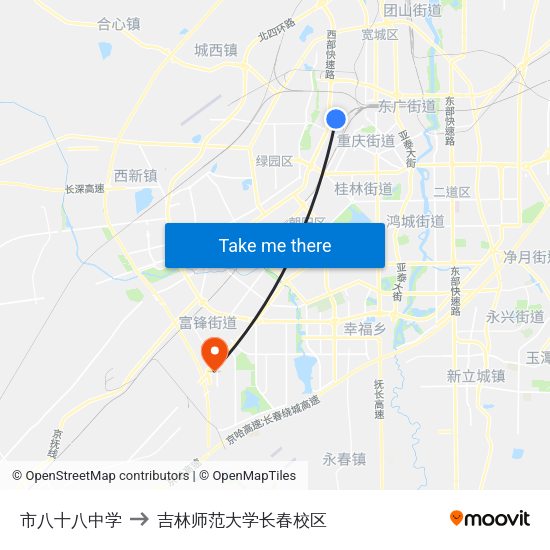 市八十八中学 to 吉林师范大学长春校区 map