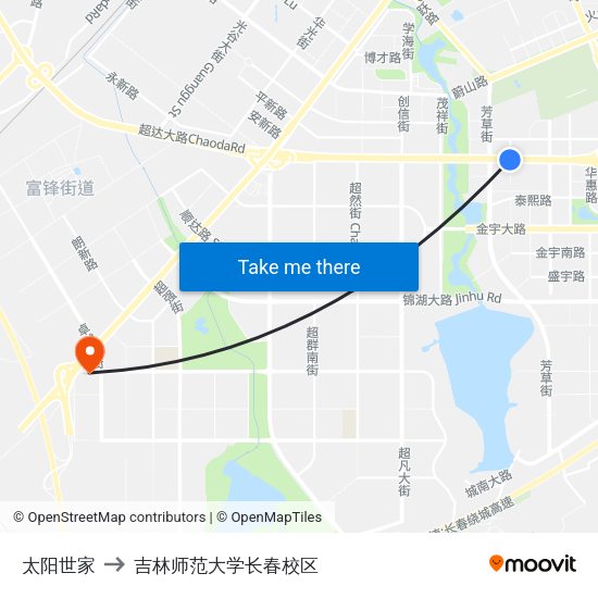太阳世家 to 吉林师范大学长春校区 map