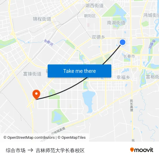 综合市场 to 吉林师范大学长春校区 map