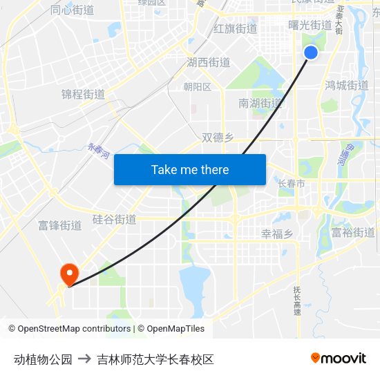 动植物公园 to 吉林师范大学长春校区 map