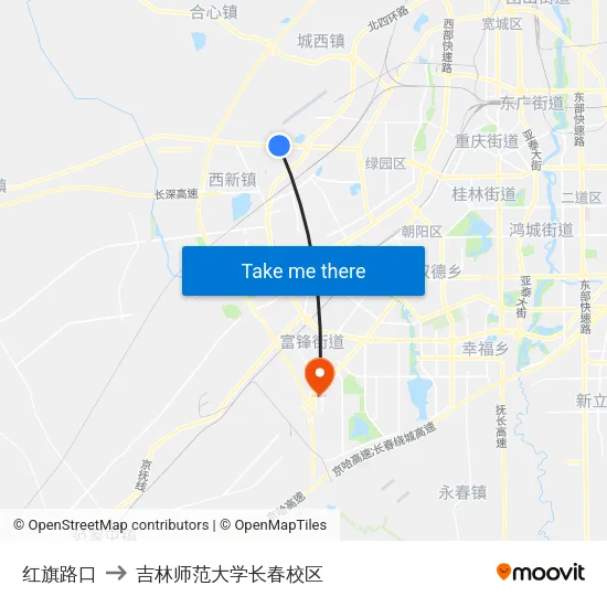 红旗路口 to 吉林师范大学长春校区 map