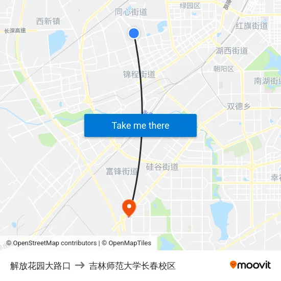 解放花园大路口 to 吉林师范大学长春校区 map
