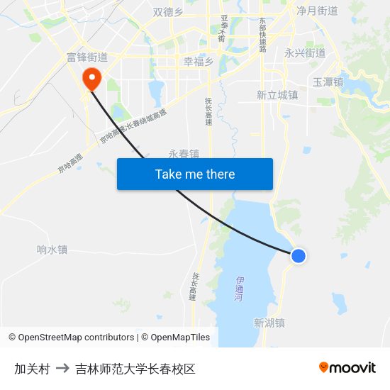 加关村 to 吉林师范大学长春校区 map