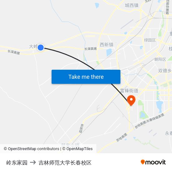 岭东家园 to 吉林师范大学长春校区 map