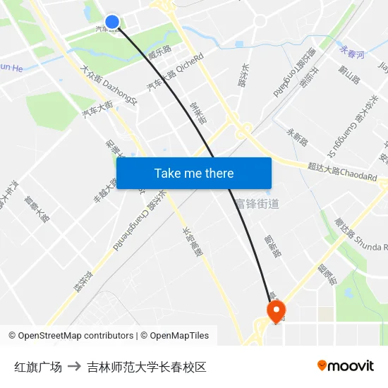 红旗广场 to 吉林师范大学长春校区 map