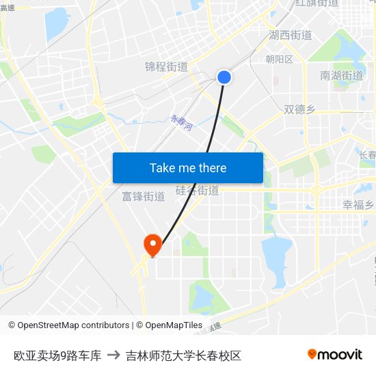 欧亚卖场9路车库 to 吉林师范大学长春校区 map