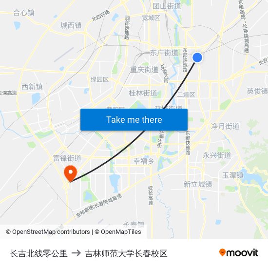 长吉北线零公里 to 吉林师范大学长春校区 map