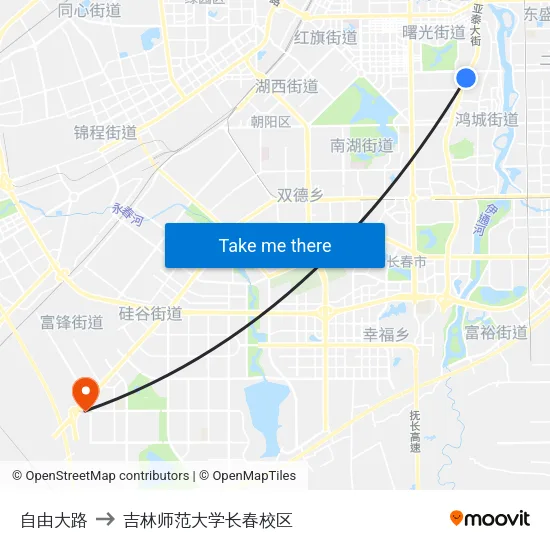 自由大路 to 吉林师范大学长春校区 map