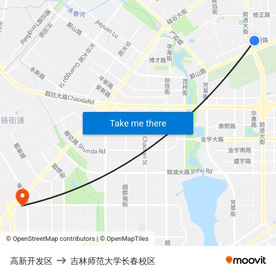 高新开发区 to 吉林师范大学长春校区 map