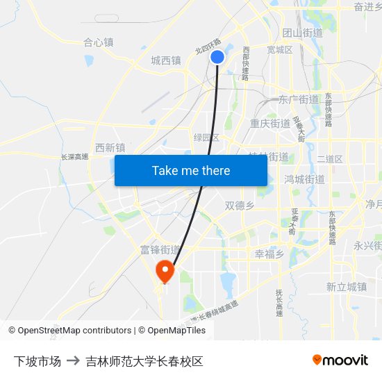 下坡市场 to 吉林师范大学长春校区 map