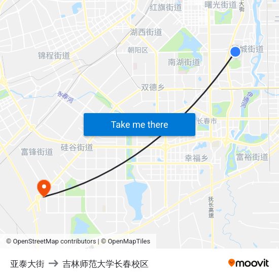 亚泰大街 to 吉林师范大学长春校区 map