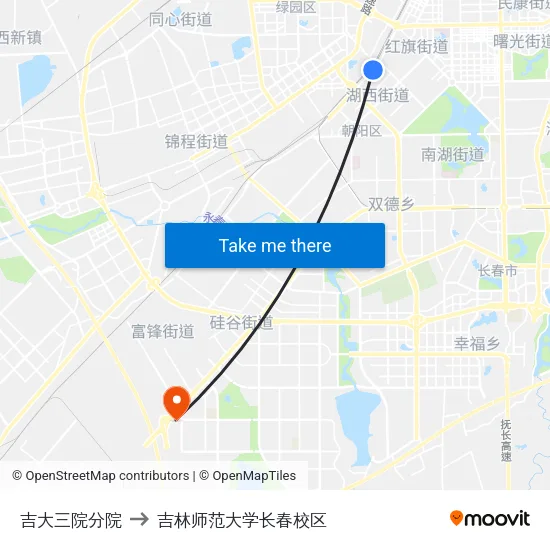 吉大三院分院 to 吉林师范大学长春校区 map