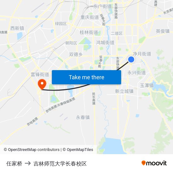 任家桥 to 吉林师范大学长春校区 map