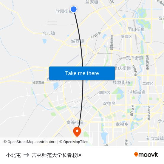 小北屯 to 吉林师范大学长春校区 map